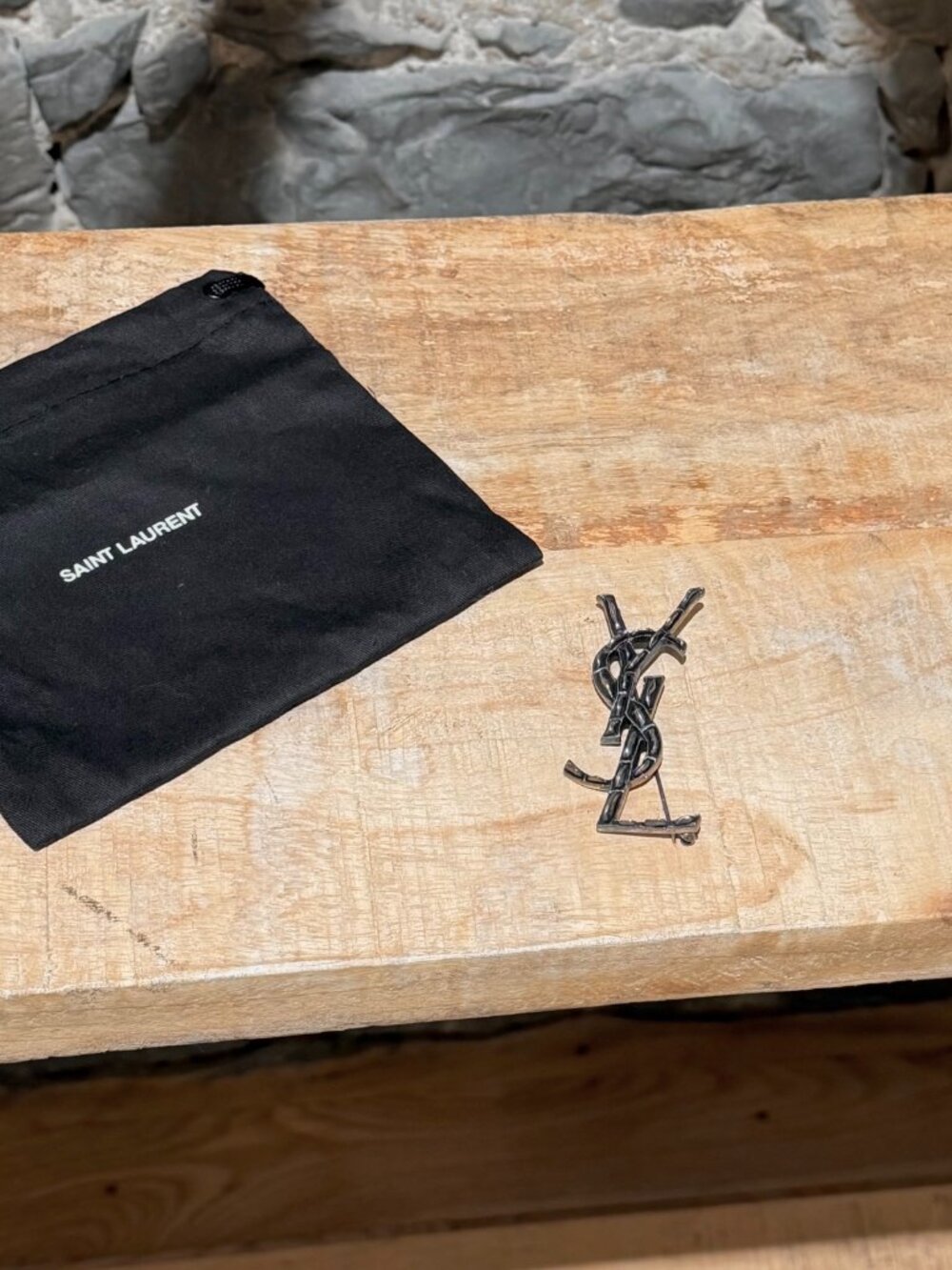 Saint Laurent Antique Silver Crocodile Effect YSL Opyum Logo Brooch